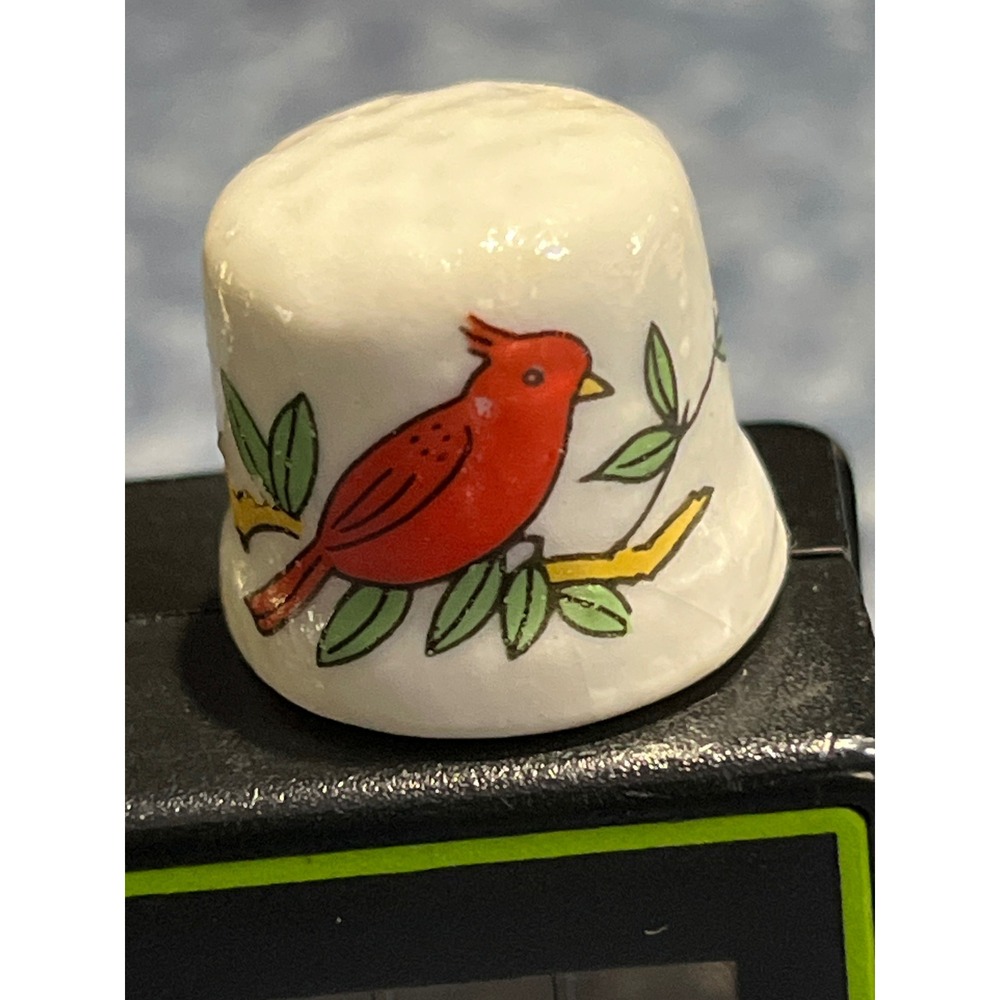 Vintage Porcelain Thimble Red Cardinal Bird on Branch Collectible Sewing Tool